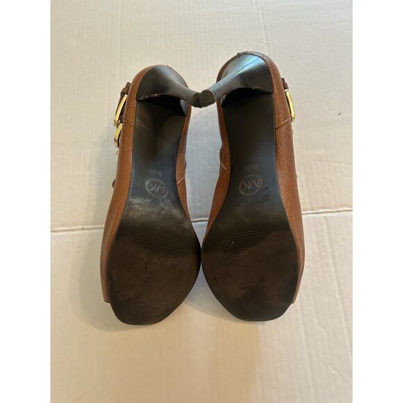 Michael Kors Sz 8.5 M Cheyenne Ankle Bootie Leather Brown Gold Accent 4” Heels - Picture 11 of 14